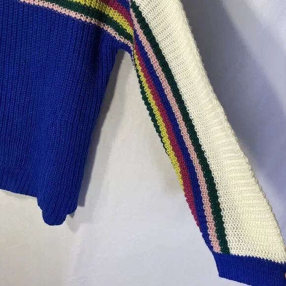TRUE CRAFT white blue multicolor stripe color block crew neck pullover sweater M - Picture 7 of 11